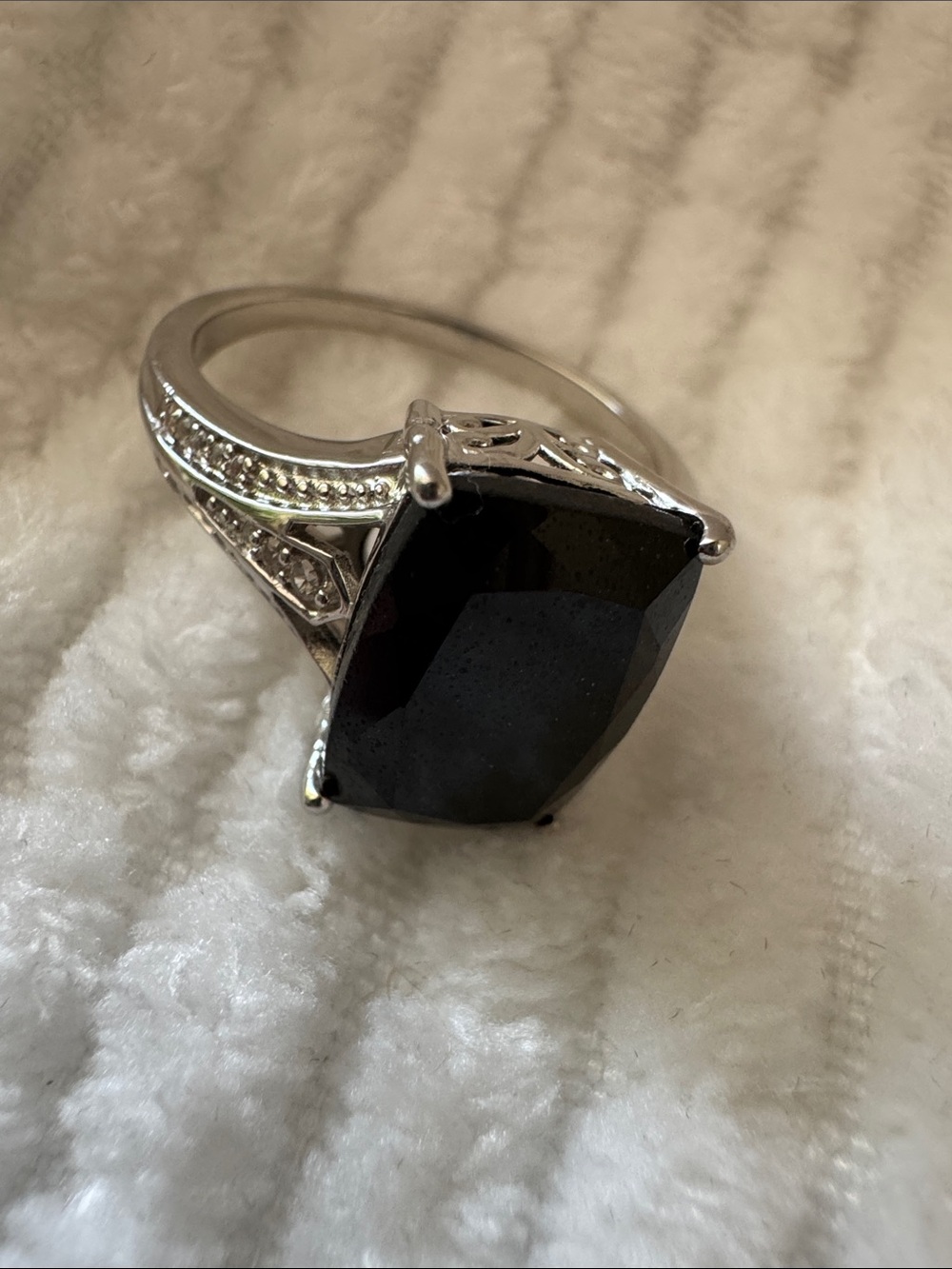 Australian Black Tourmaline, Natural White Zircon Split Shank Ring in platinum